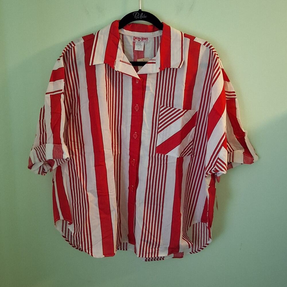 ❤️‍ Vintage Queen of Hearts 80s Red White Candy Stripe Button Down Shirt NWT XL